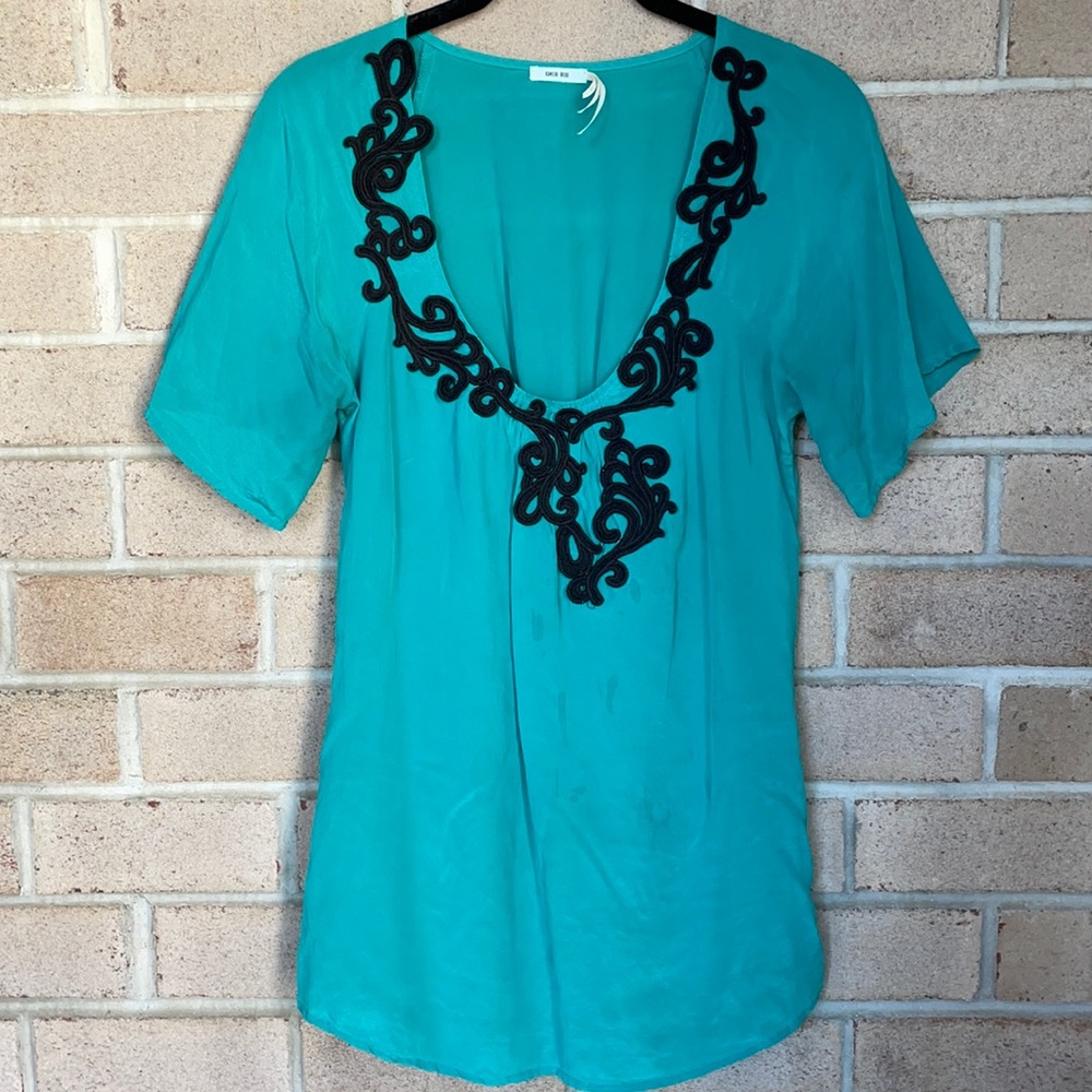 UO Emerald Green Embroidered Silk Blouse